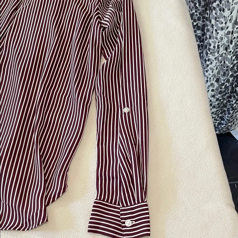 035-Ann Taylor Factory Burgundy and White Striped Blouse - Picture 7 of 9